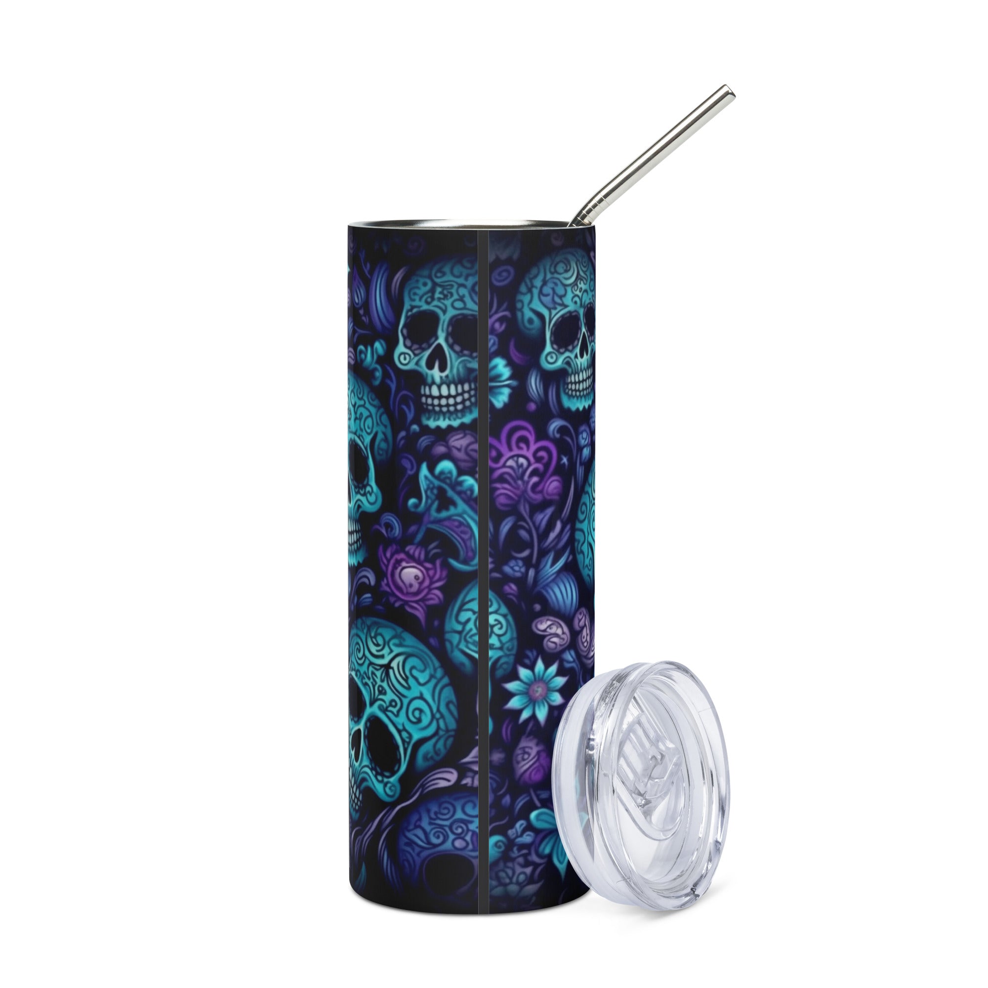 Halloween Skeleton Skulls: Reusable Stainless Steel Water Tumbler w/Straw