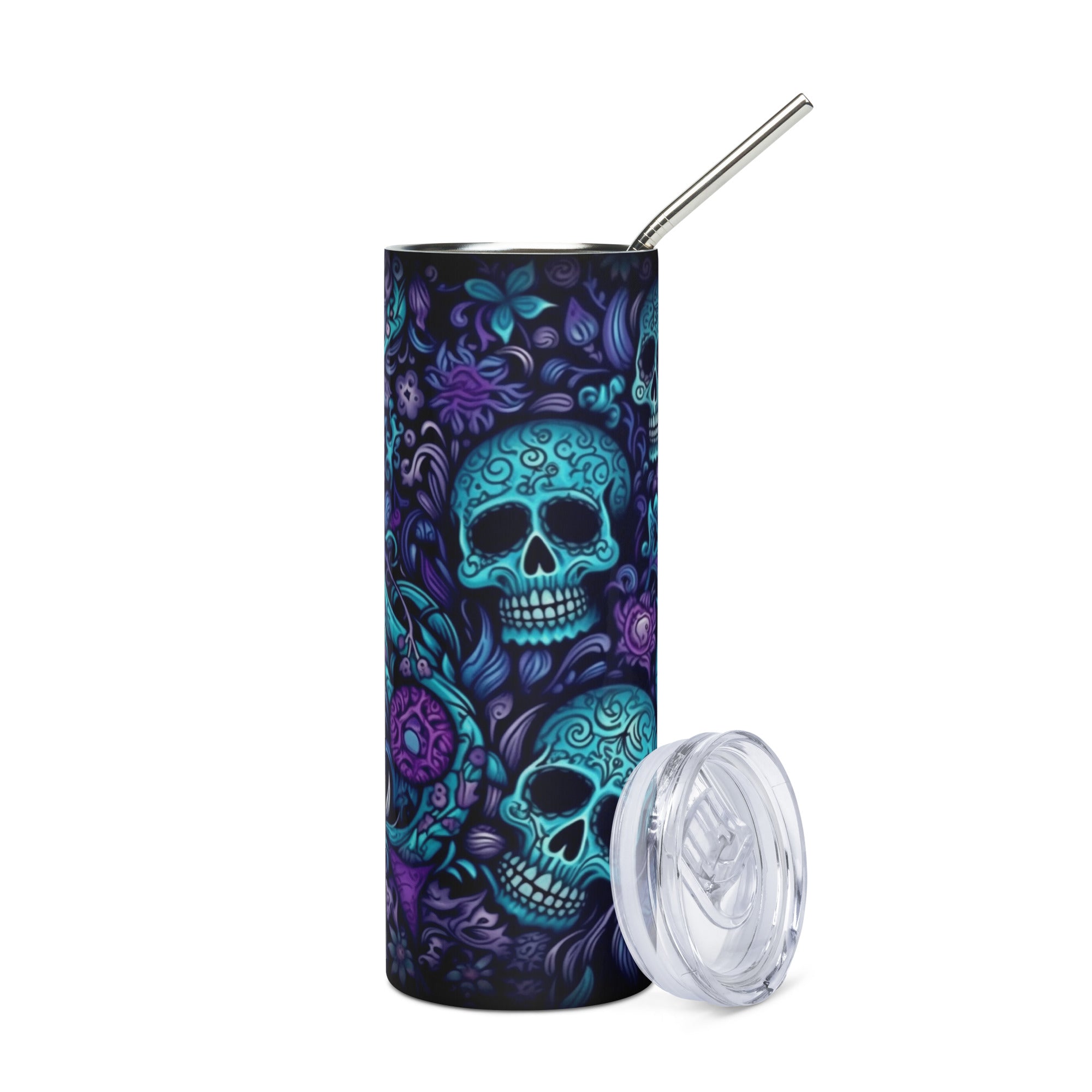 Halloween Skeleton Skulls: Reusable Stainless Steel Water Tumbler w/Straw