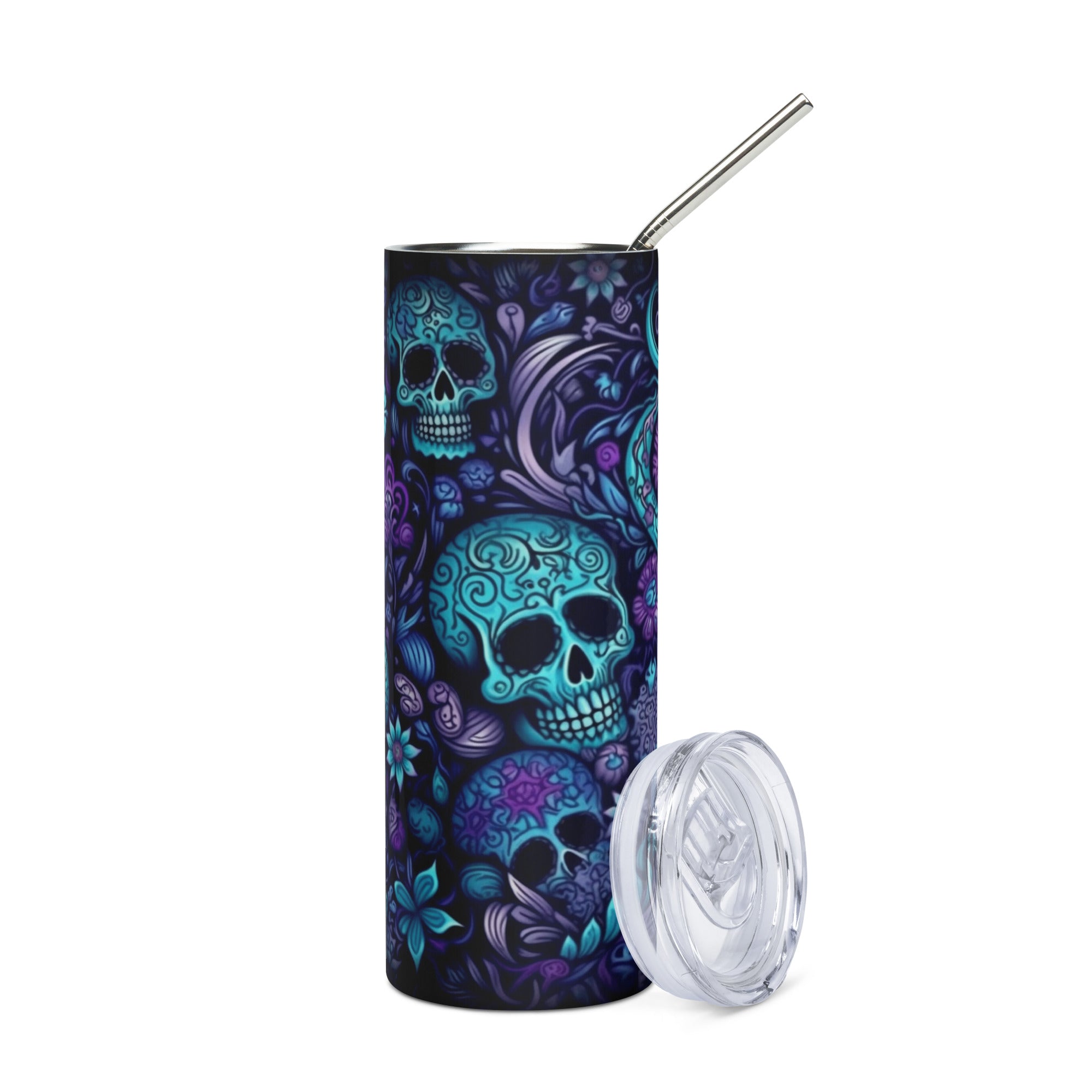 Halloween Skeleton Skulls: Reusable Stainless Steel Water Tumbler w/Straw