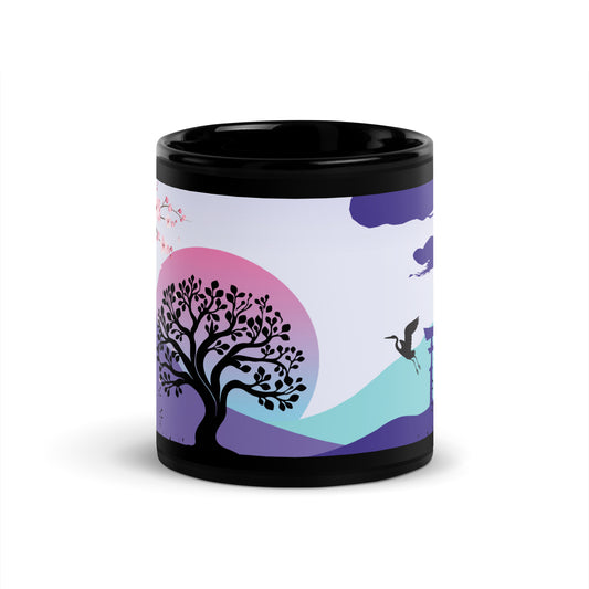 Oriental Country Scene Heron: Black Glossy Mug