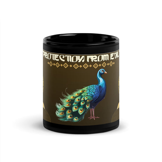 India Peacock "Protection From Evil": Classic Black Glossy Mug