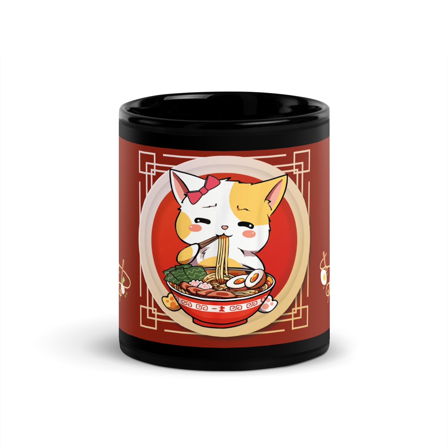 Anime Cat Ramen: Oriental Style: Classic Black Glossy Mug