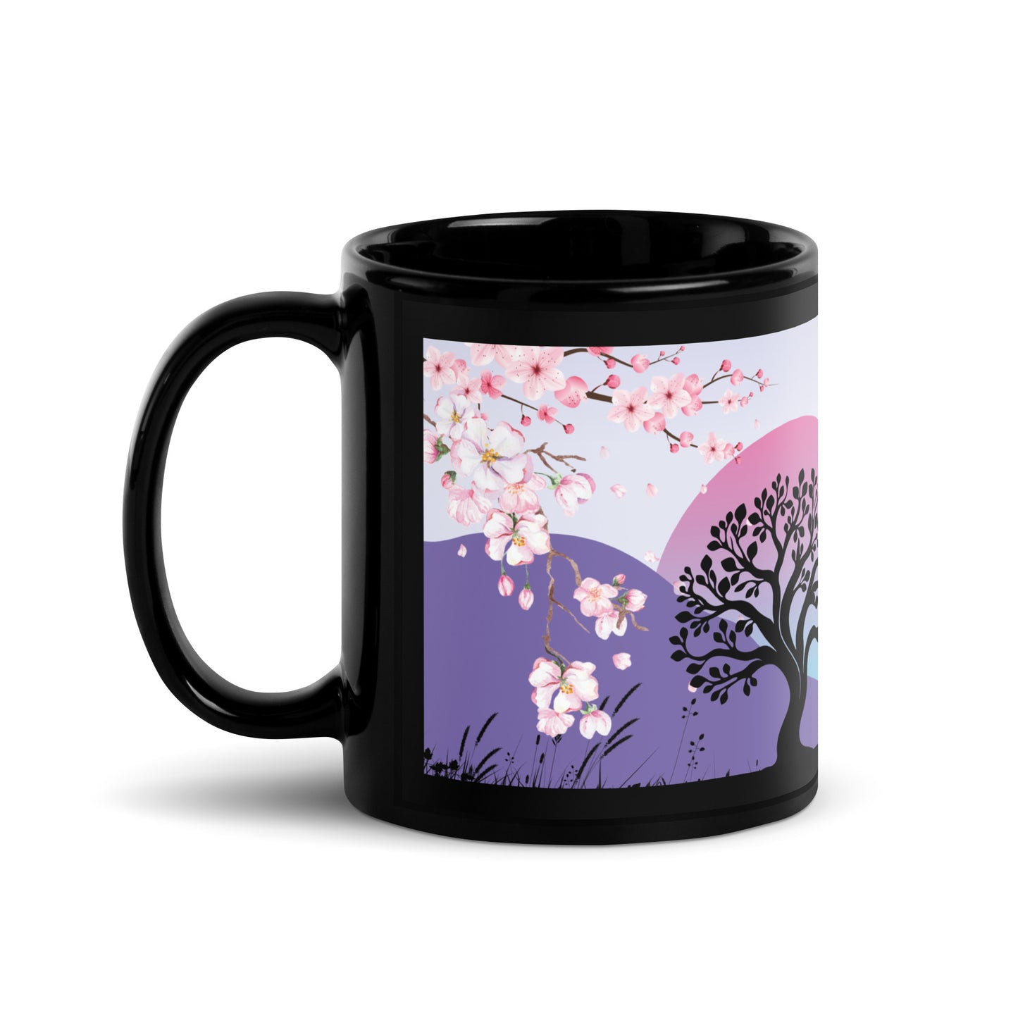 Oriental Country Scene Heron: Black Glossy Mug