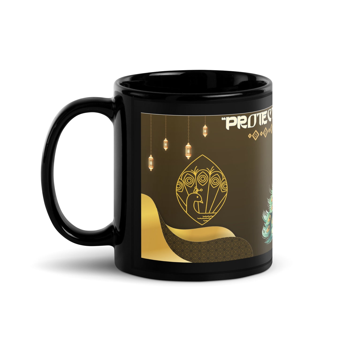 India Peacock "Protection From Evil": Classic Black Glossy Mug