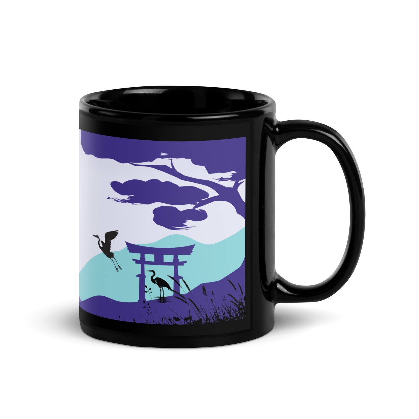 Oriental Country Scene Heron: Black Glossy Mug