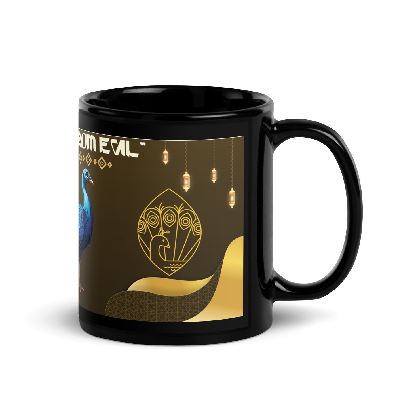 India Peacock "Protection From Evil": Classic Black Glossy Mug