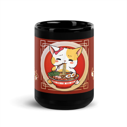 Anime Cat Ramen: Oriental Style: Classic Black Glossy Mug