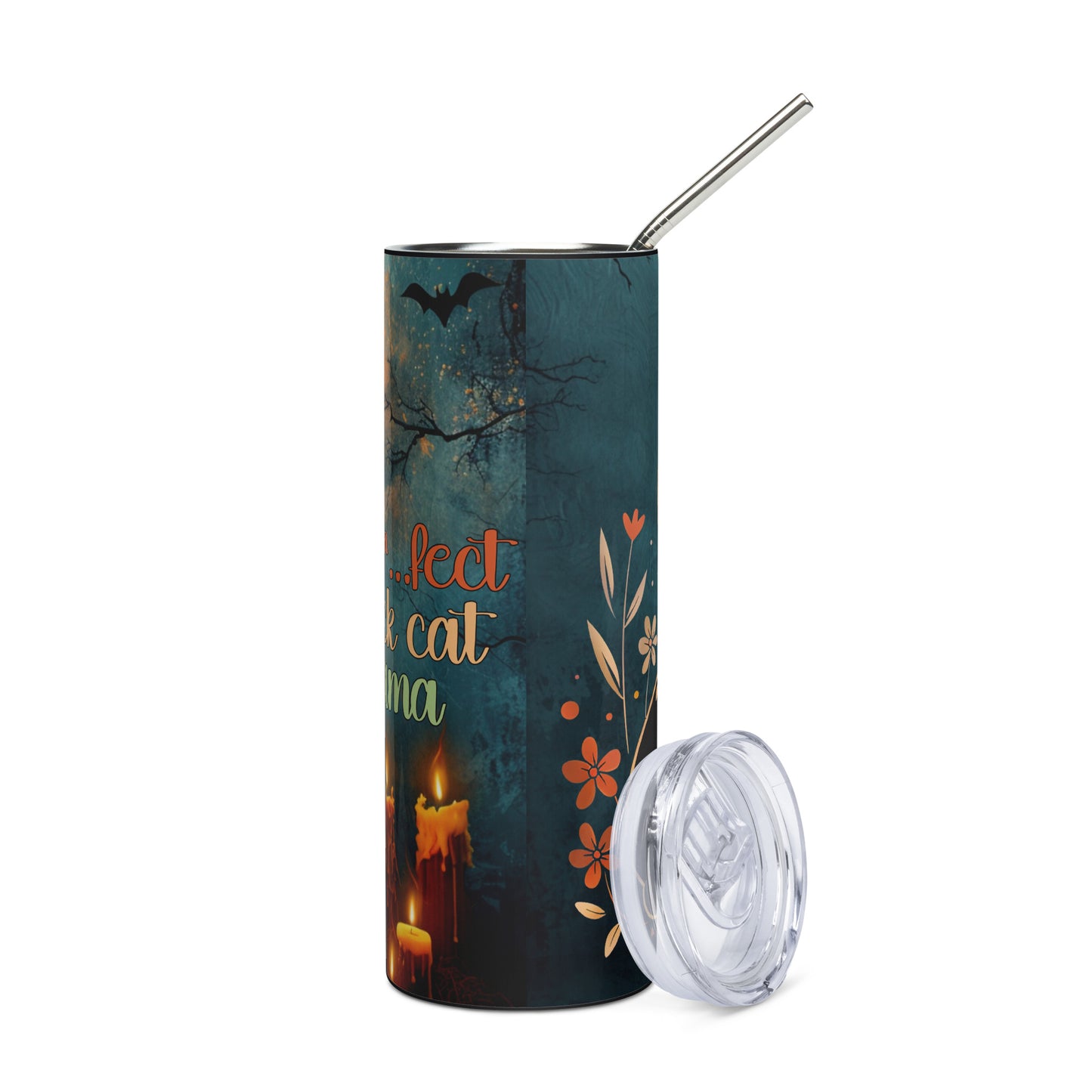 Autumn Fall Leaves Halloween: Purr...fect Black Cat Mama: Reusable Stainless Steel Water Tumbler w/Straw