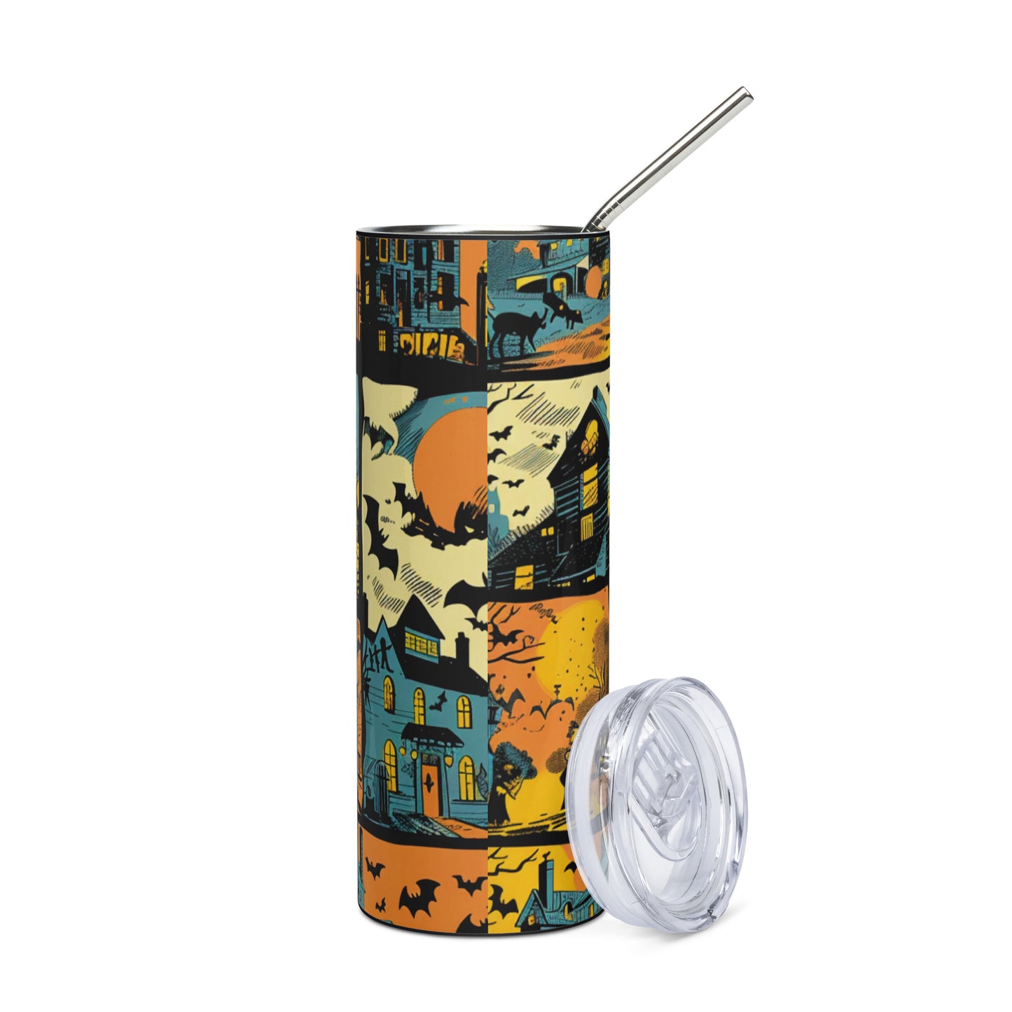 Halloween Retro Scenes: Reusable Stainless Steel Water Tumbler w/Straw