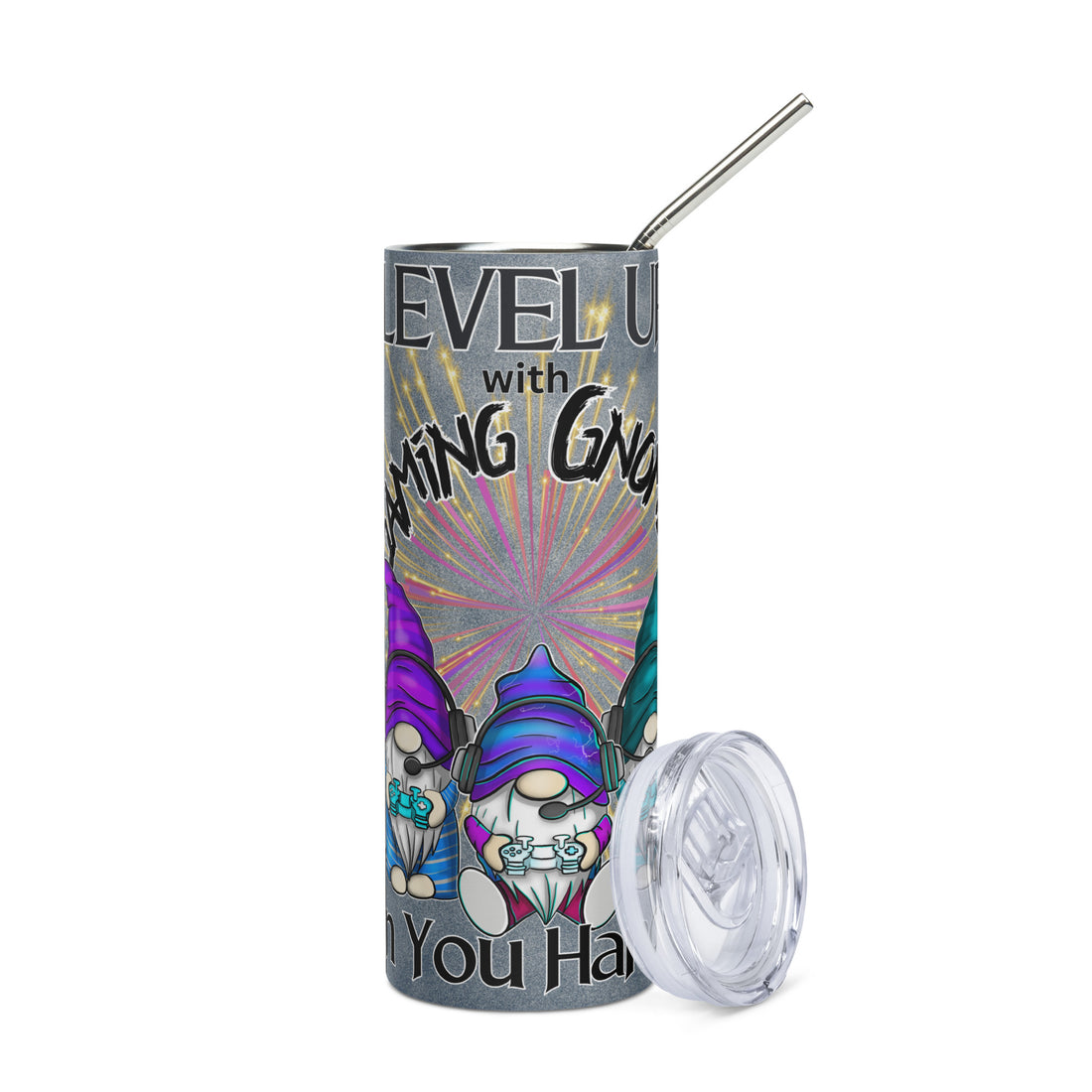 Gaming Gnomes: Level Up: Reusable Stainless Steel Water Tumbler w/Straw