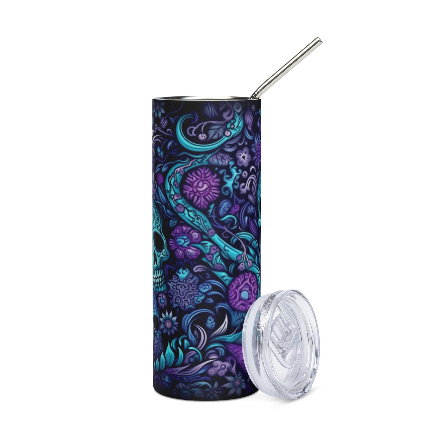 Halloween Skeleton Skulls: Reusable Stainless Steel Water Tumbler w/Straw