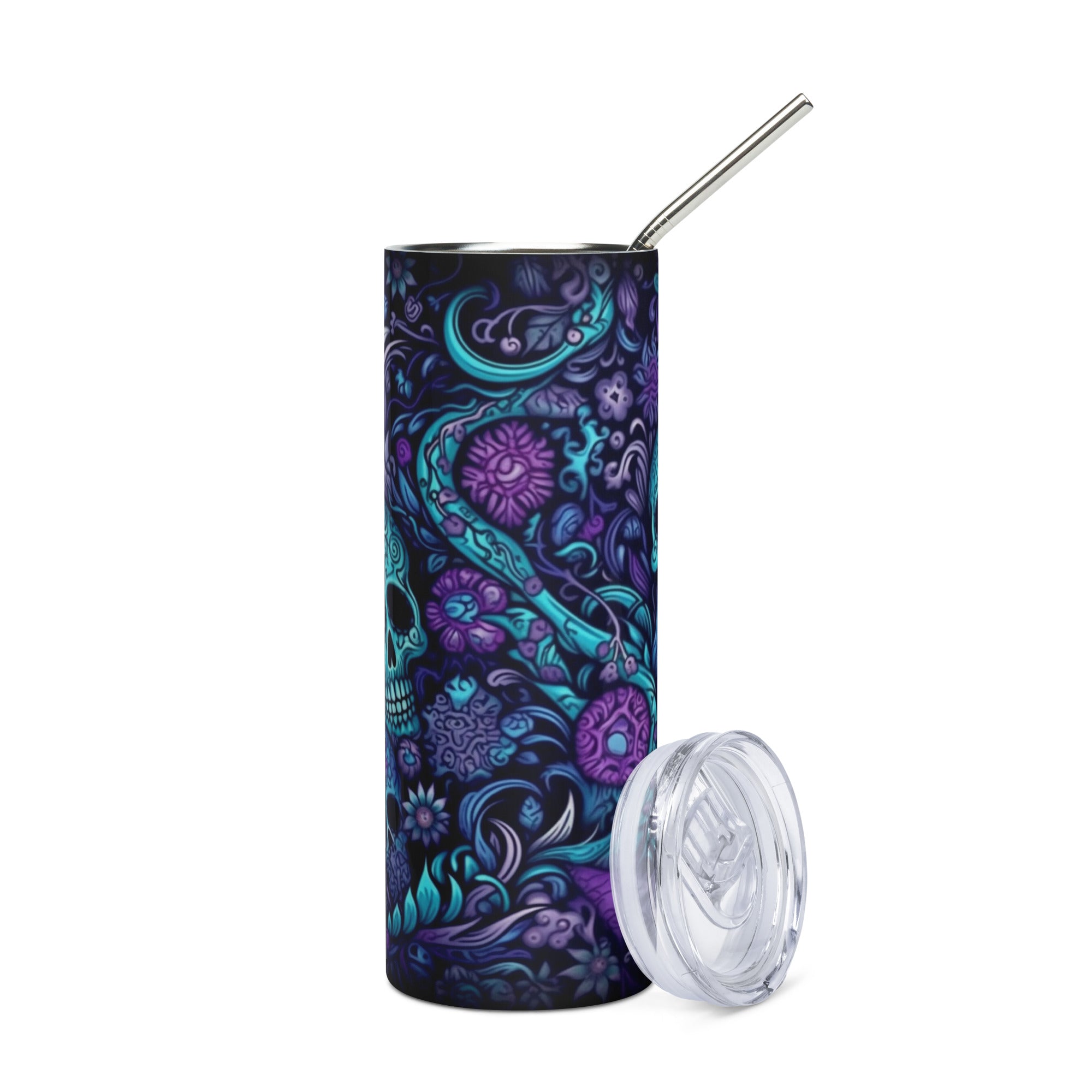 Halloween Skeleton Skulls: Reusable Stainless Steel Water Tumbler w/Straw