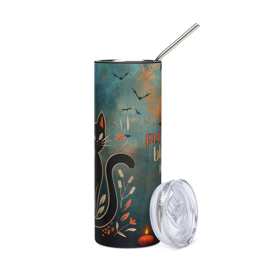 Autumn Fall Leaves Halloween: Purr...fect Black Cat Mama: Reusable Stainless Steel Water Tumbler w/Straw