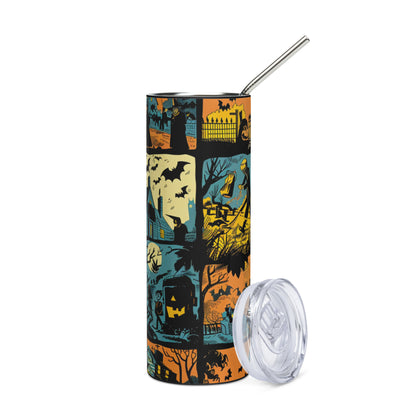Halloween Retro Scenes: Reusable Stainless Steel Water Tumbler w/Straw