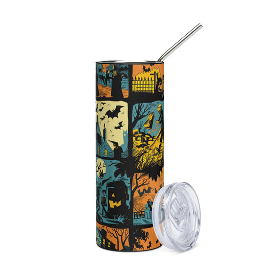 Halloween Retro Scenes: Reusable Stainless Steel Water Tumbler w/Straw