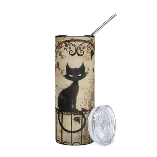 Halloween Black Cat Vintage: Reusable Stainless Steel Water Tumbler w/Straw