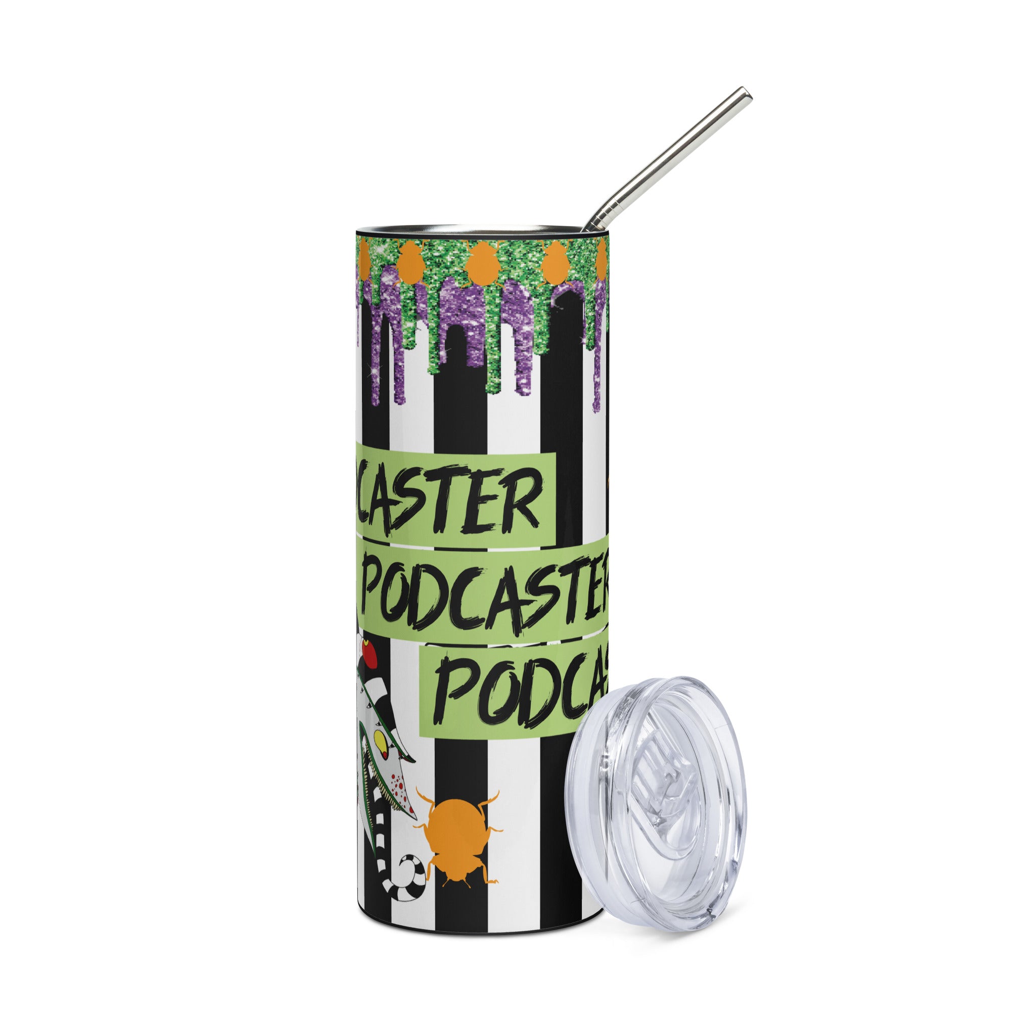 Halloween Beetlejuice Style: Podcaster: Reusable Stainless Steel Water Tumbler w/Straw