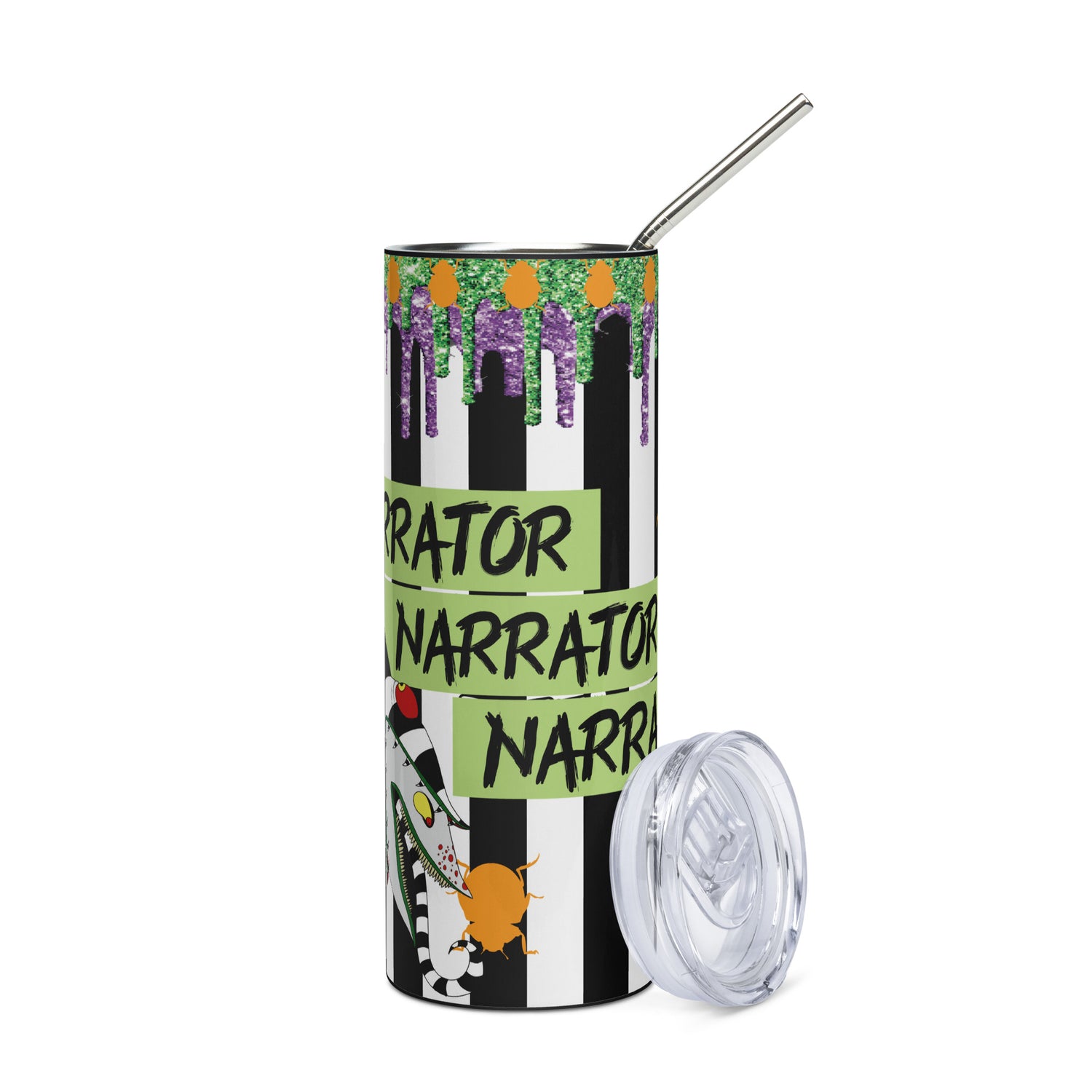 Halloween Beetlejuice Narrator: Reusable Stainless Steel Water Tumbler w/Straw