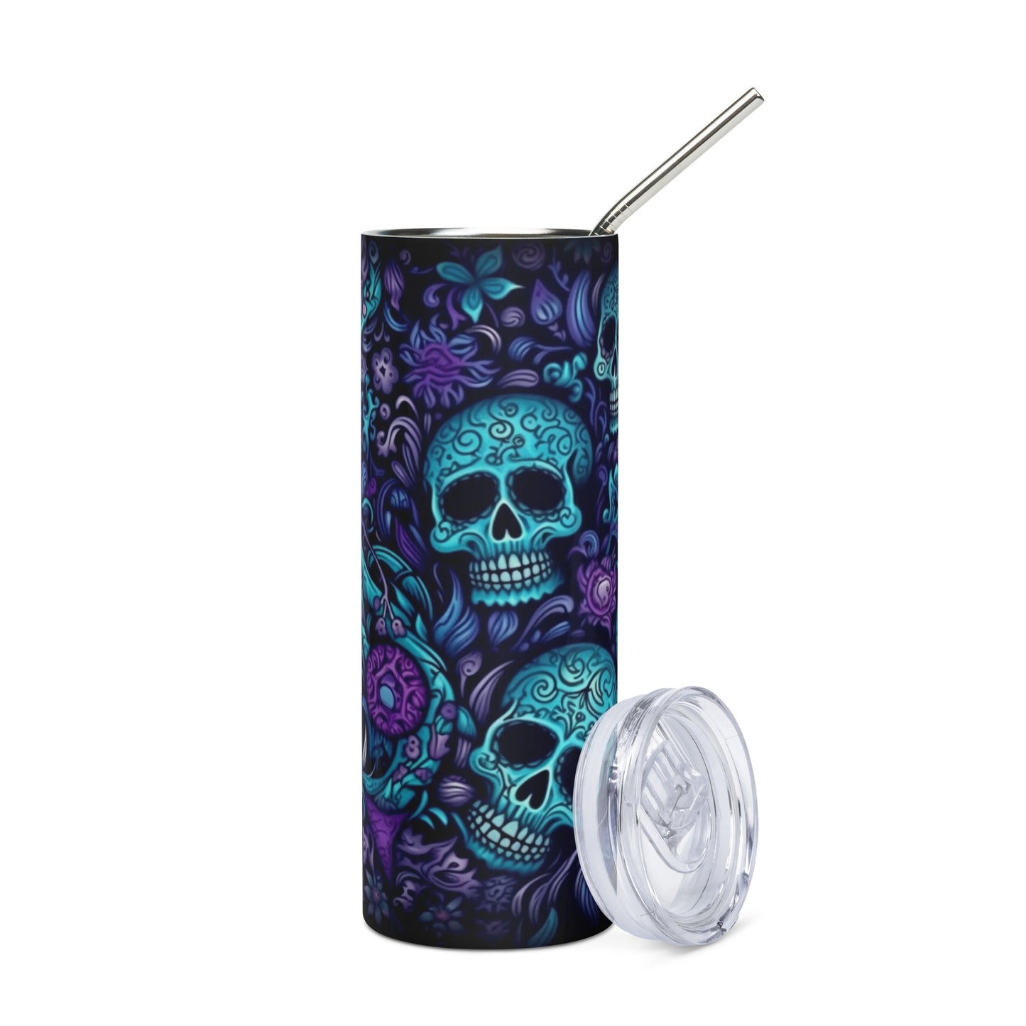 Halloween Skeleton Skulls: Reusable Stainless Steel Water Tumbler w/Straw