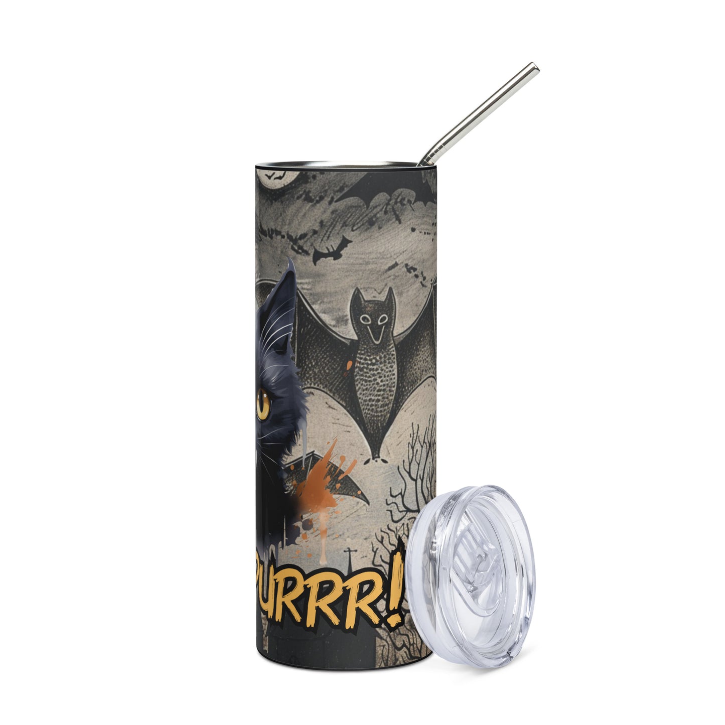 Halloween Black Cat Vam...purrr: Reusable Stainless Steel Water Tumbler w/Straw