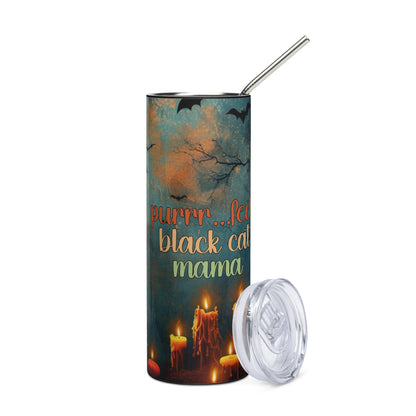 Autumn Fall Leaves Halloween: Purr...fect Black Cat Mama: Reusable Stainless Steel Water Tumbler w/Straw