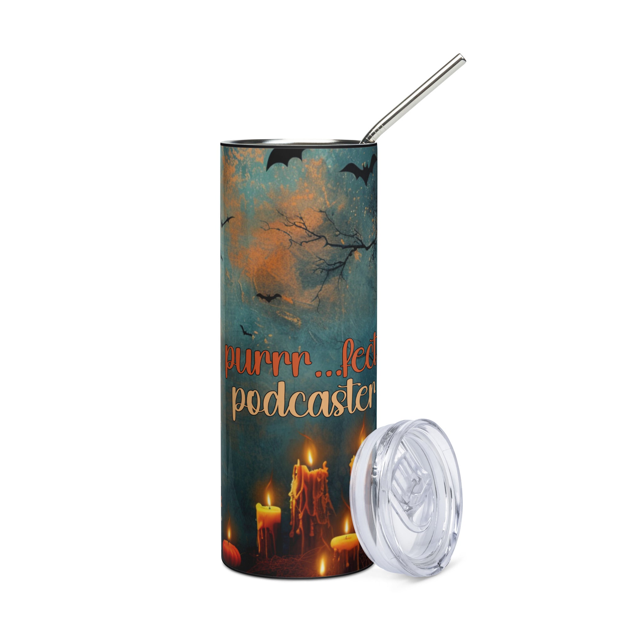 Halloween Black Cat Purrr...fect Podcaster: Reusable Stainless Steel Water Tumbler w/Straw