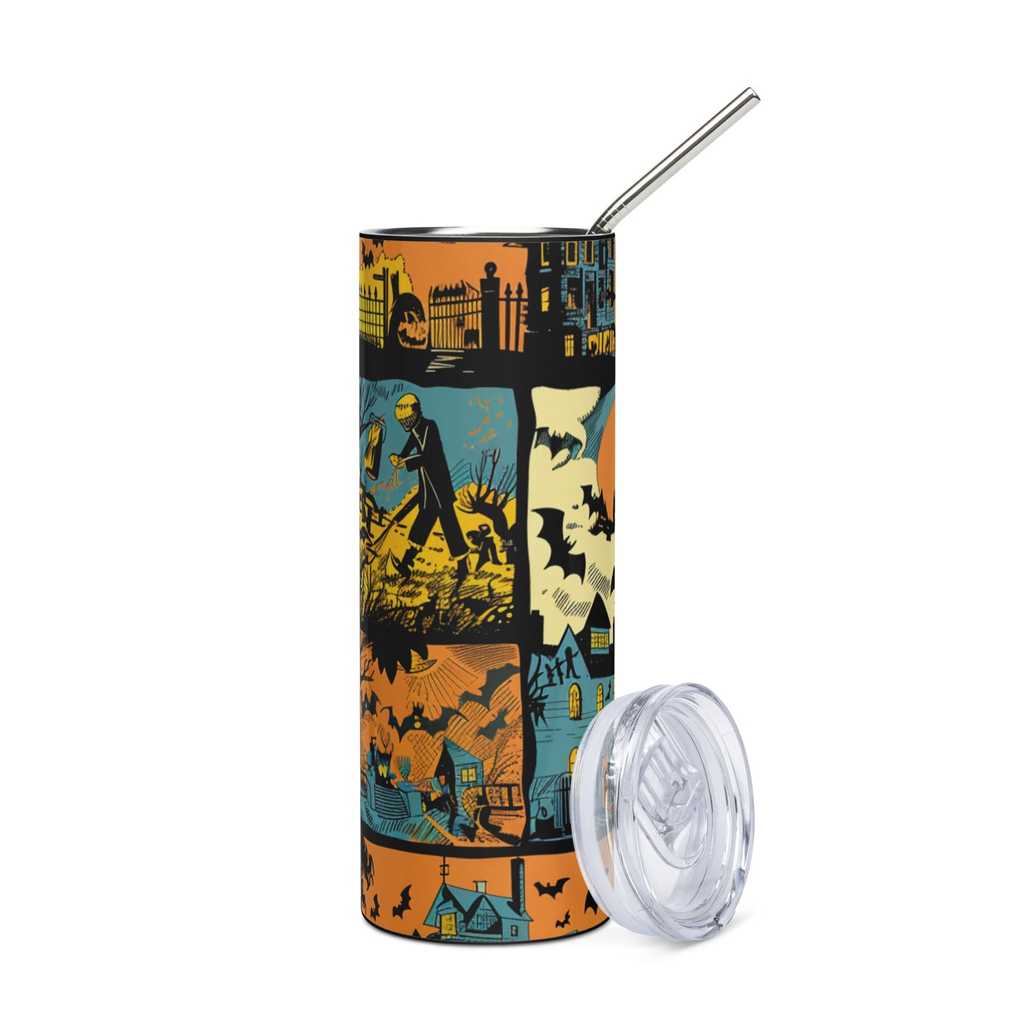 Halloween Retro Scenes: Reusable Stainless Steel Water Tumbler w/Straw