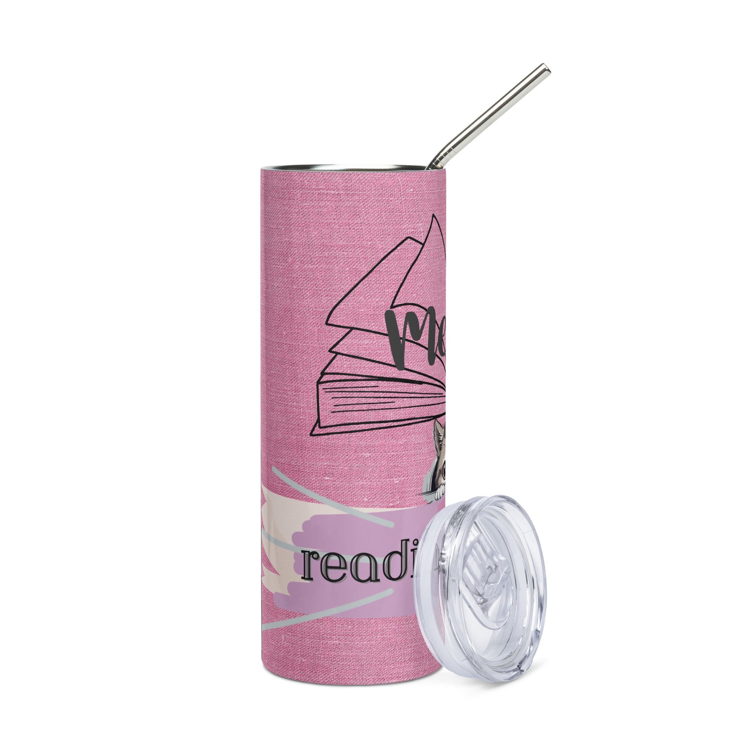 Meow...Reading With A Friends: Reusable Stainless Steel Water Tumbler w/Straw