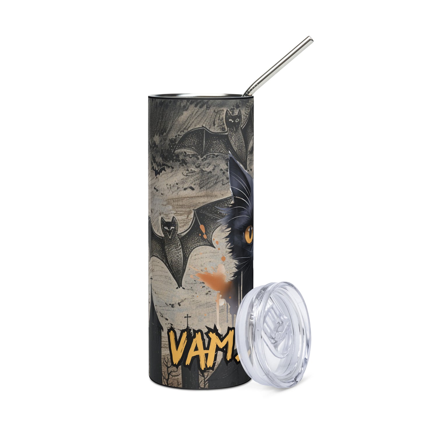 Halloween Black Cat Vam...purrr: Reusable Stainless Steel Water Tumbler w/Straw