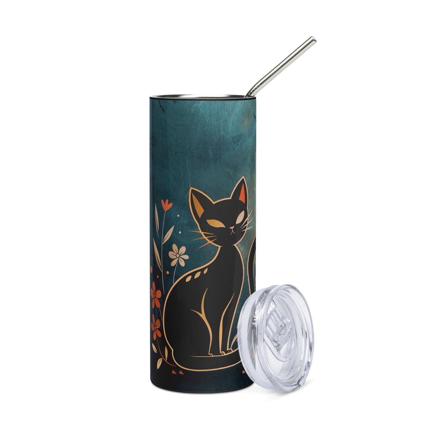 Autumn Fall Leaves Halloween: Purr...fect Black Cat Mama: Reusable Stainless Steel Water Tumbler w/Straw