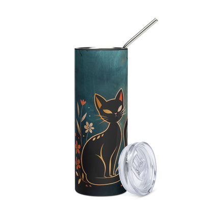 Autumn Fall Leaves Halloween: Purr...fect Black Cat Mama: Reusable Stainless Steel Water Tumbler w/Straw
