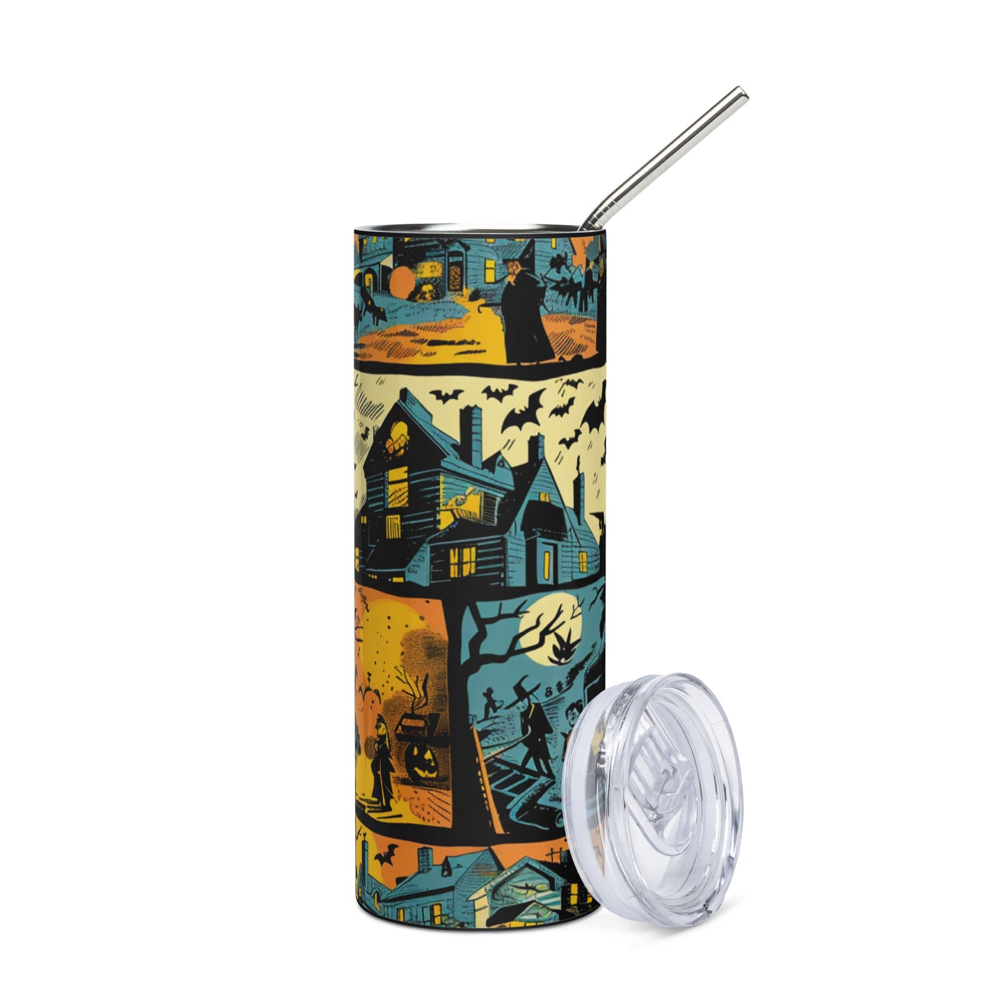 Halloween Retro Scenes: Reusable Stainless Steel Water Tumbler w/Straw