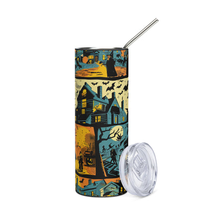 Halloween Retro Scenes: Reusable Stainless Steel Water Tumbler w/Straw