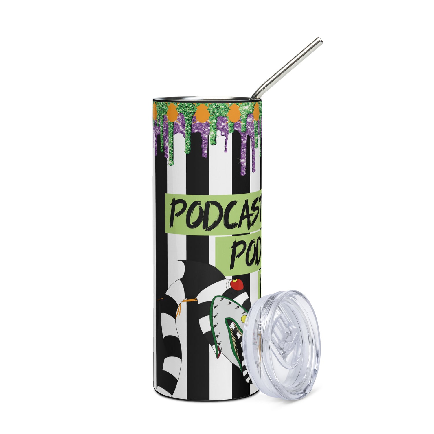 Halloween Beetlejuice Style: Podcaster: Reusable Stainless Steel Water Tumbler w/Straw