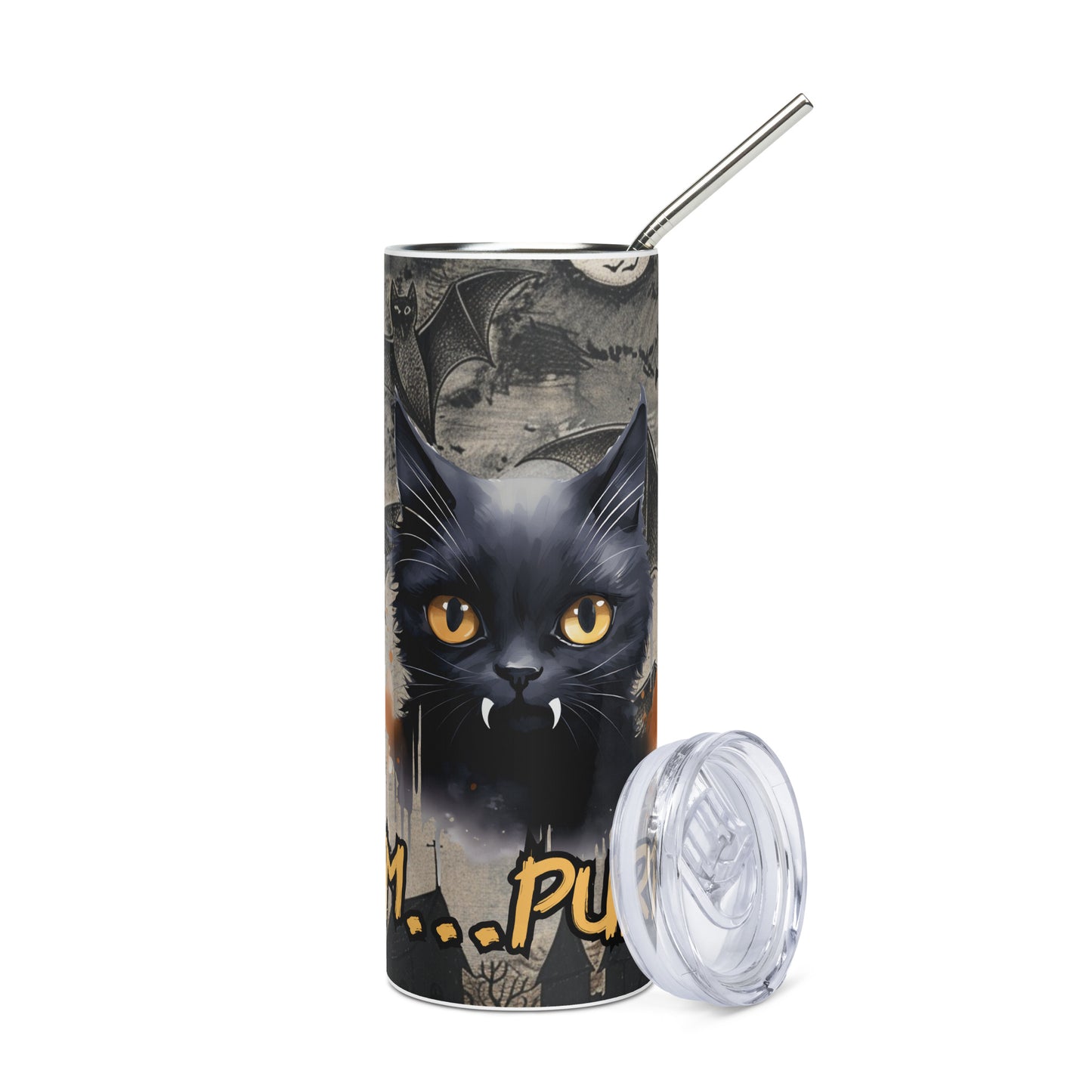Halloween Black Cat Vam...purrr: Reusable Stainless Steel Water Tumbler w/Straw