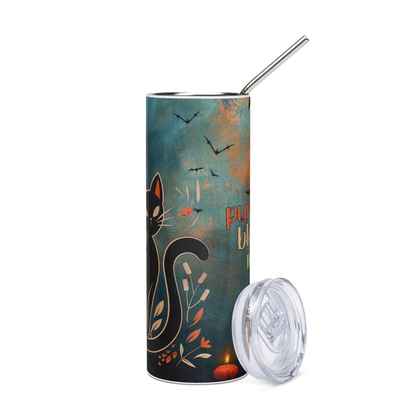 Autumn Fall Leaves Halloween: Purr...fect Black Cat Mama: Reusable Stainless Steel Water Tumbler w/Straw