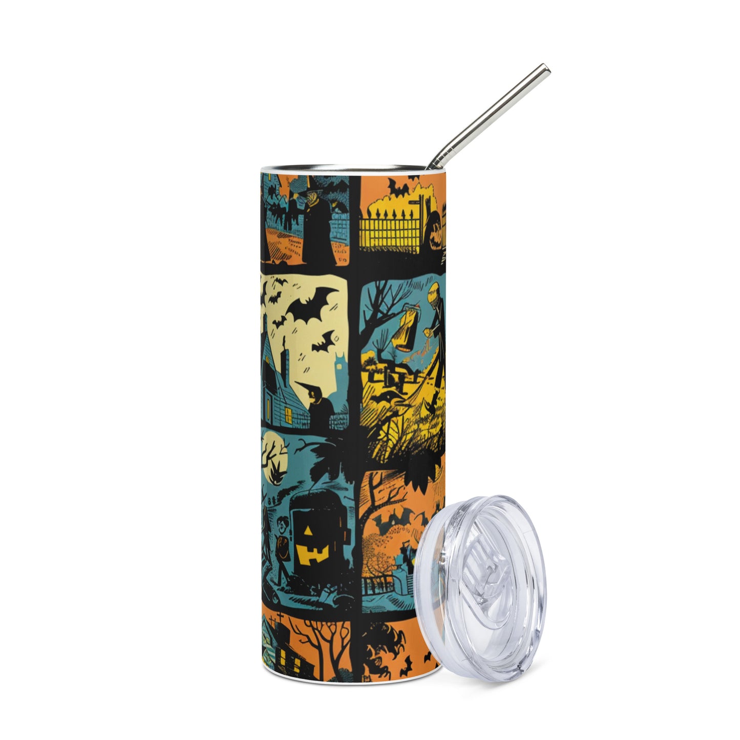 Halloween Retro Scenes: Reusable Stainless Steel Water Tumbler w/Straw