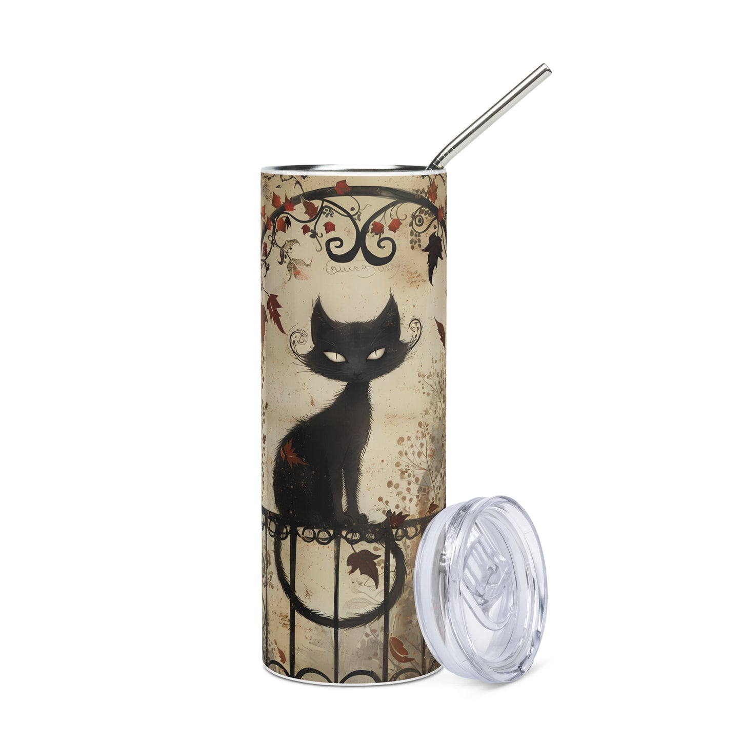 Halloween Black Cat Vintage: Reusable Stainless Steel Water Tumbler w/Straw