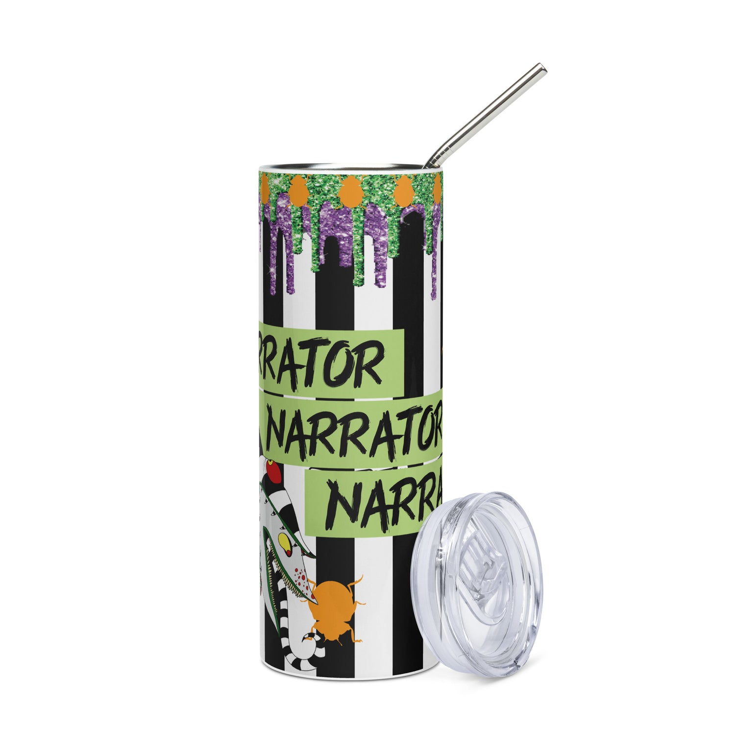 Halloween Beetlejuice Narrator: Reusable Stainless Steel Water Tumbler w/Straw