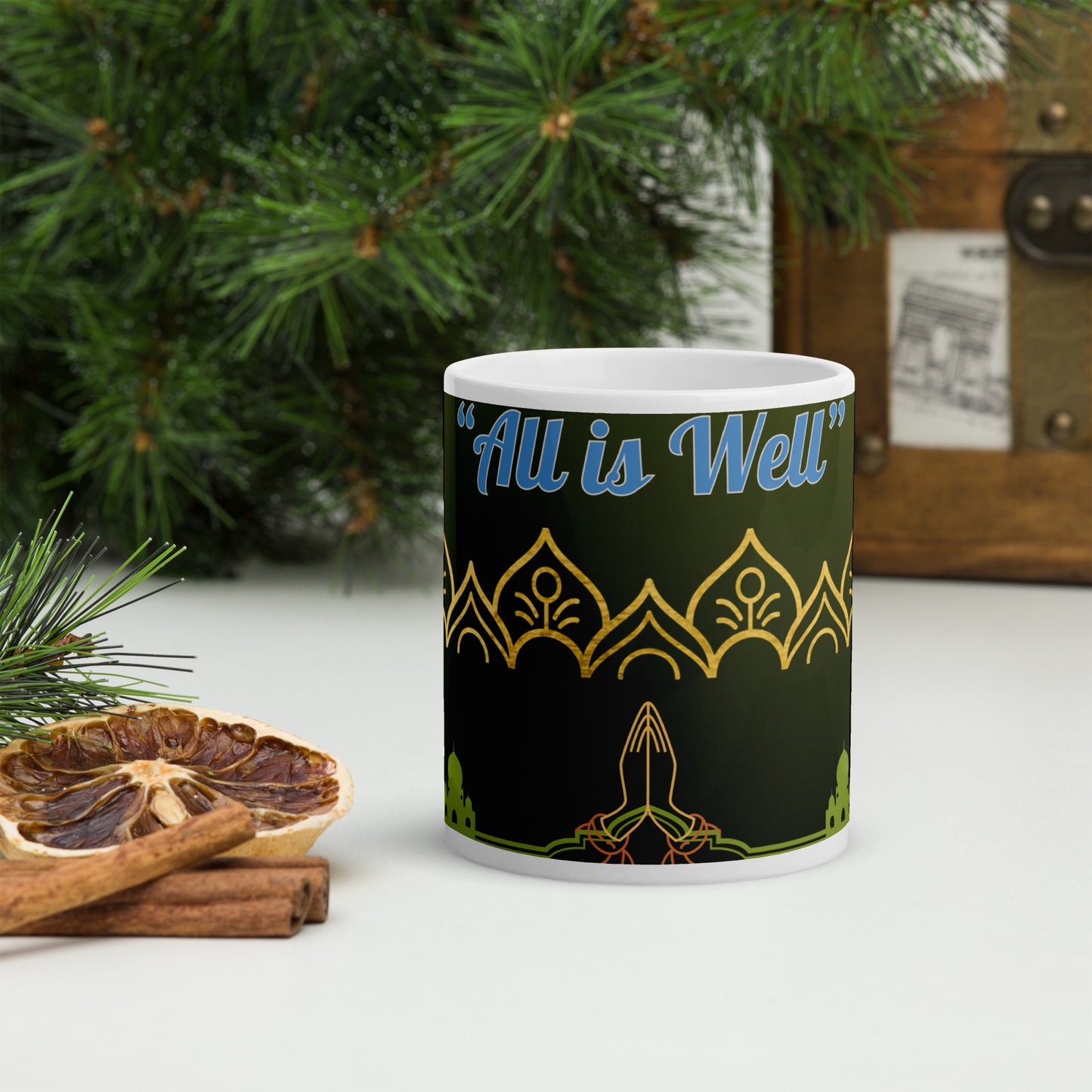 India Style "All Is Well": Classic White Glossy Ceramic Mug