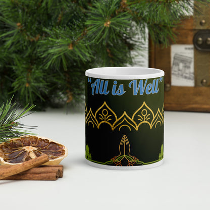 India Style "All Is Well": Classic White Glossy Ceramic Mug