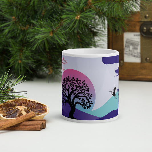 Oriental Country Style Heron: Classic White Glossy Ceramic Mug