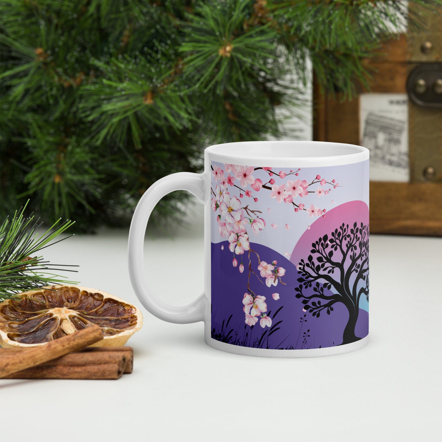 Oriental Country Style Heron: Classic White Glossy Ceramic Mug