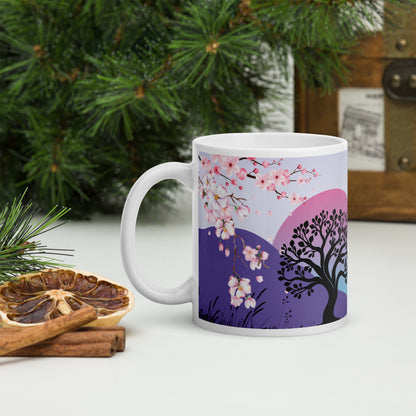 Oriental Country Style Heron: Classic White Glossy Ceramic Mug
