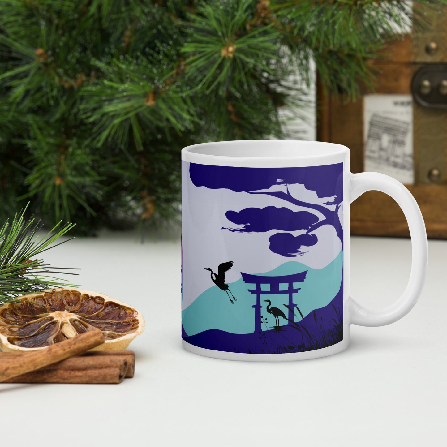 Oriental Country Style Heron: Classic White Glossy Ceramic Mug